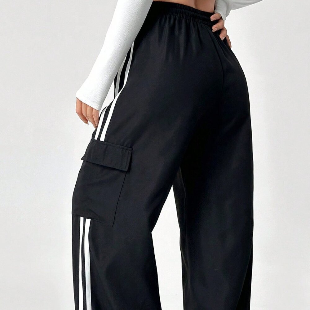 Black Casual Women's Drawstring Waist Striped Side Pocket Pants - Picture 2 of 6
